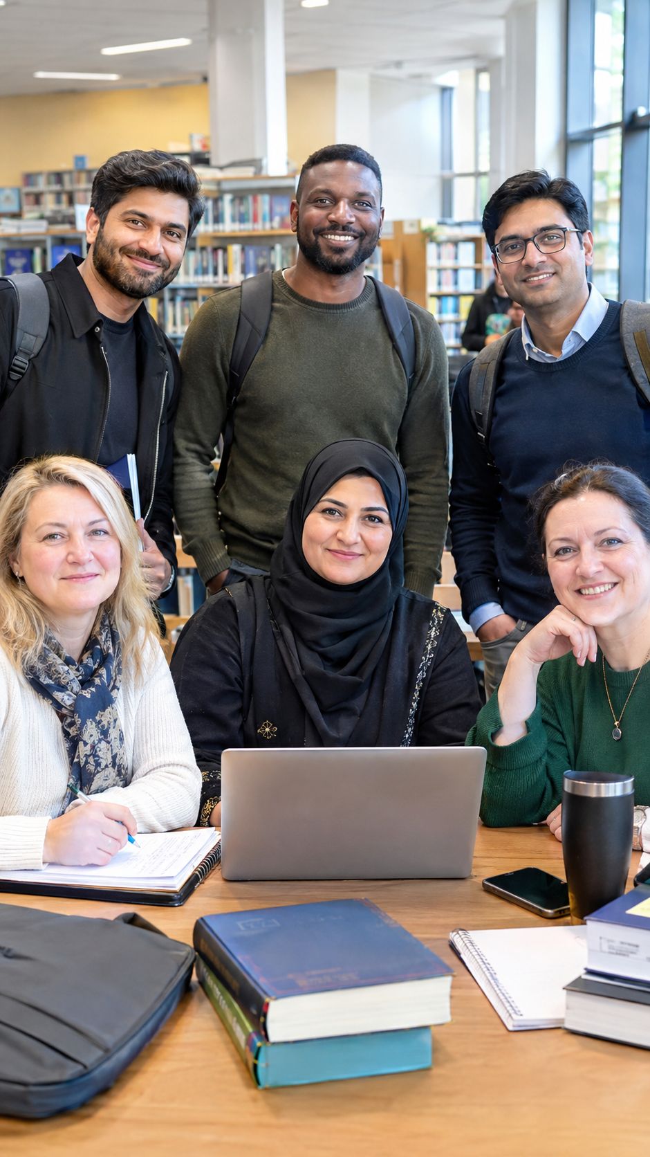 Six smiling adult students studying together at a table in a bright university library, with a laptop, notebooks and books