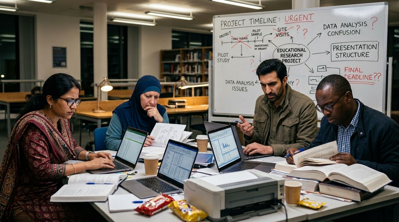 Four adult students working together at a library table with laptops, books and notes, planning an educational research project on a whiteboard